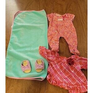 American Girl Bitty Baby Doll Pink Paisley Sleeper blanket shoes dress